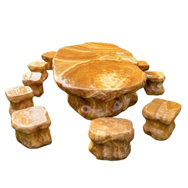 Bộ bàn đá tự nhiên canxi vân chun vàng nâu cao cấp BBGDTN3m